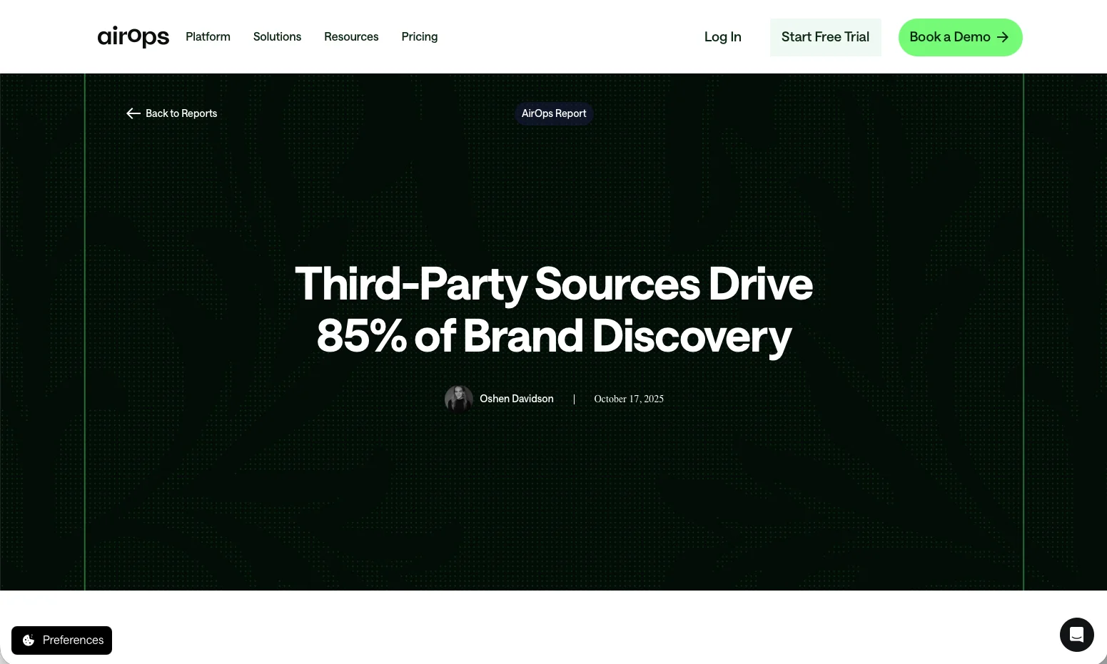AirOps report headline reading Third-Party Sources Drive 85% of Brand Discovery, illustrating how external content shapes how organisations are described and found by AI systems