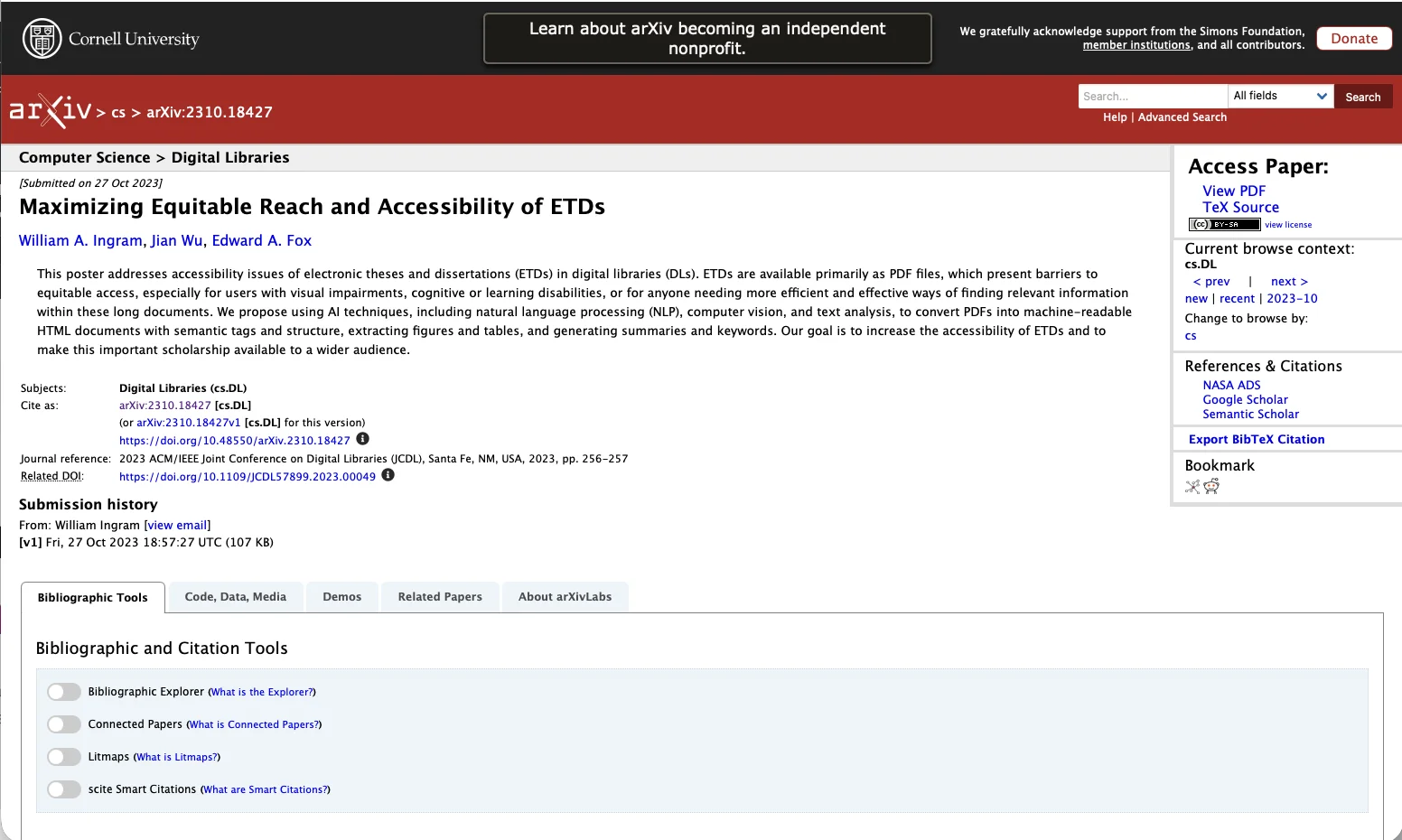 arXiv research paper titled Maximizing Equitable Reach and Accessibility of ETDs by William A. Ingram, Jian Wu and Edward A. Fox, on accessibility issues of electronic theses and dissertations as PDFs and the use of AI to convert them into machine-readable HTML