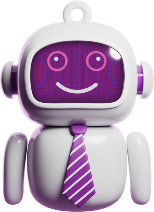 Arty, the aicm assistant robot, smiling and wearing a purple striped tie