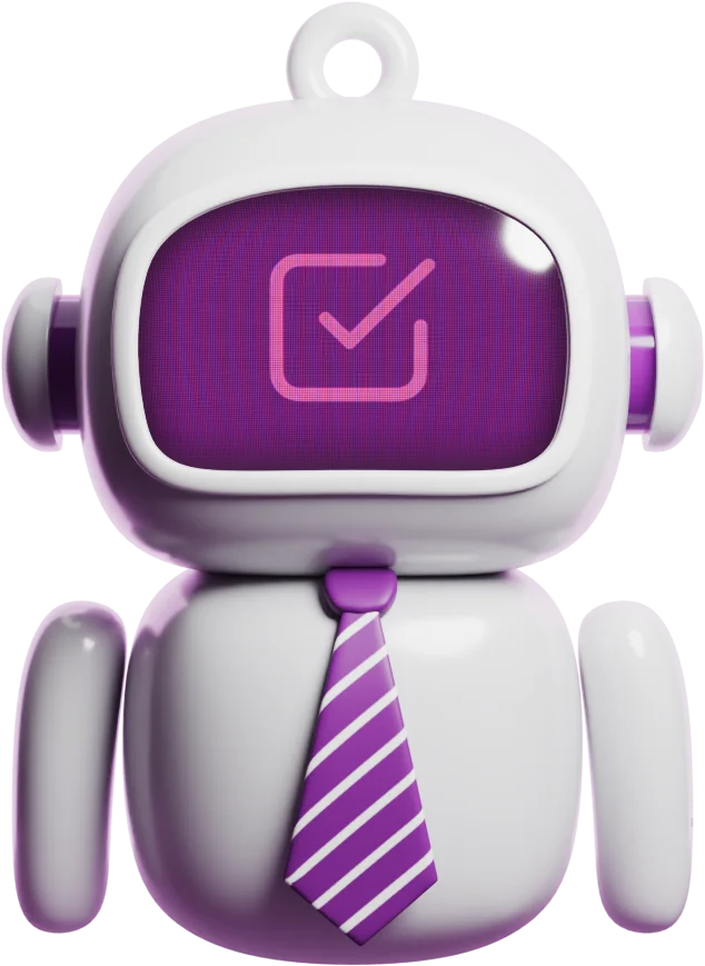 ARTY, the aicm assistant robot, holding up a screen showing a tick