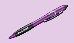 Purple branded pen with meet-arty.io text