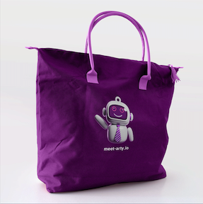 Purple tote bag with ARTY printed on the front
