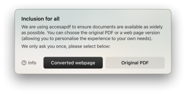 AiCM inclusion prompt shown to visitors, offering a choice between a converted webpage version and the original PDF